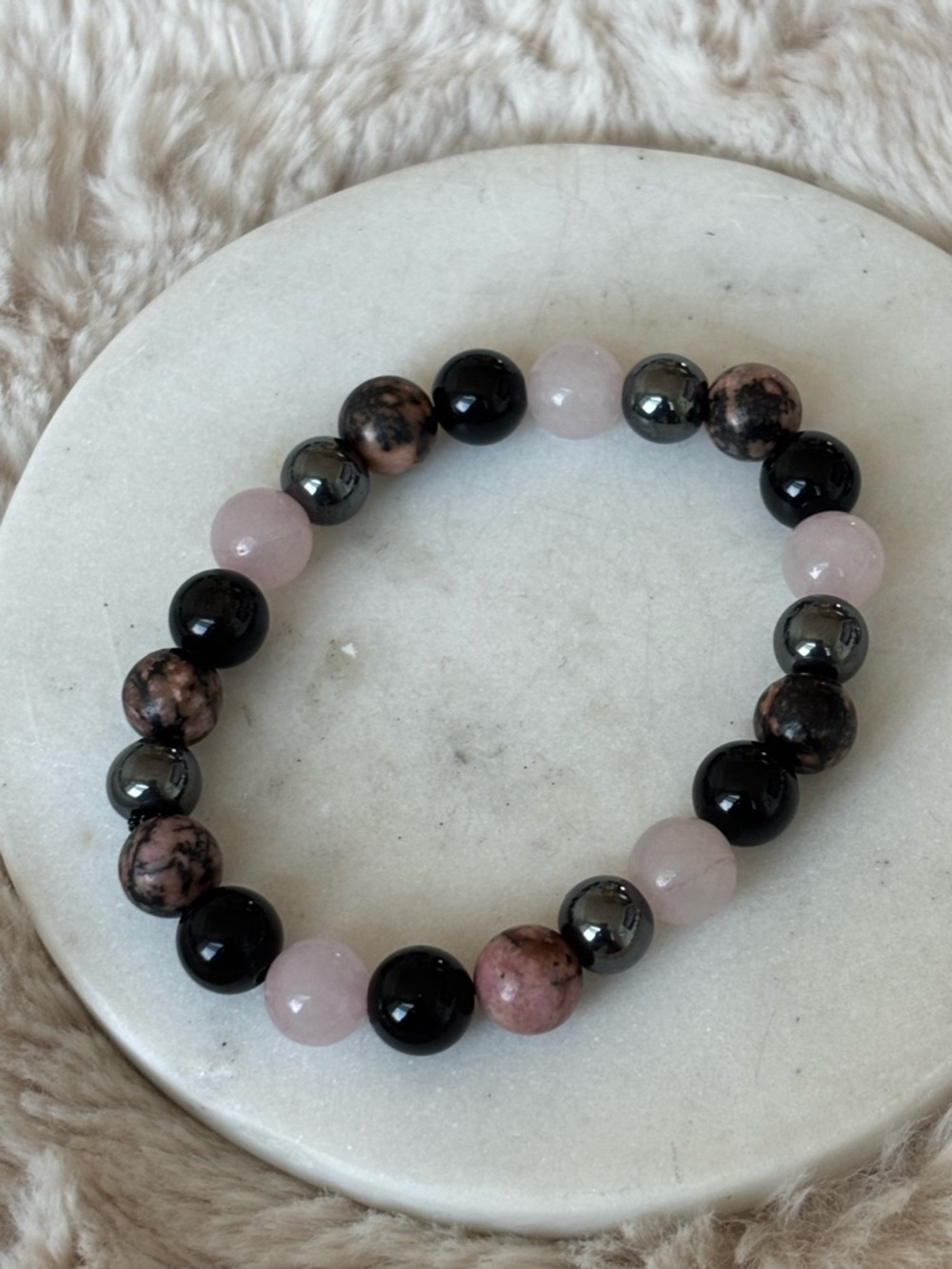 Handmade Rose Quartz, Black Onyx & Hematite Beaded Stretch Bracelet